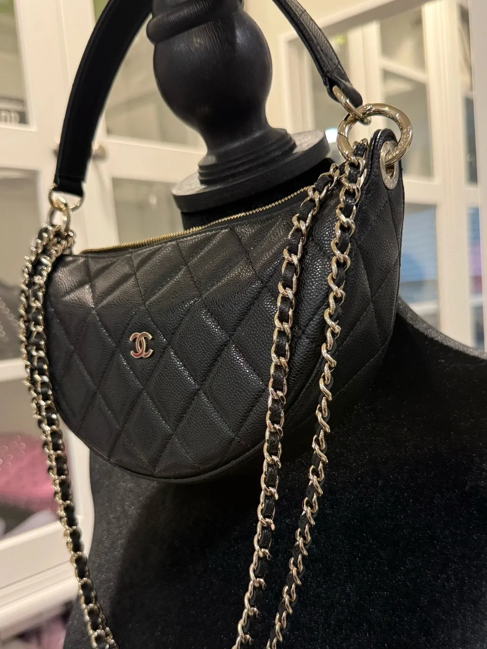 CHANEL Black Quilted Half Moon Shoulder Bag with Chain Strap Champagne Hardware